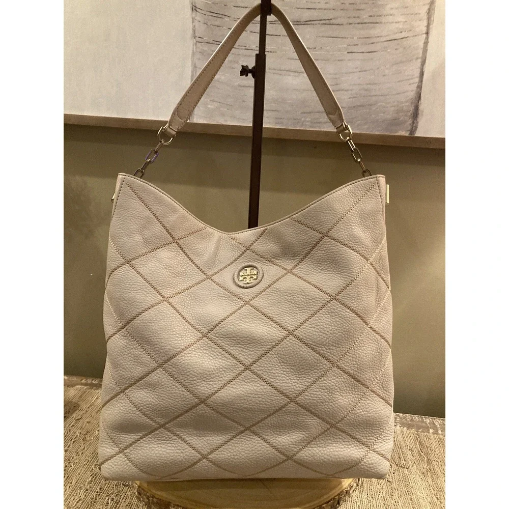 Tory Burch Womens Port Frida Blush Pink Diamond Stitched Pebbled Hobo Tote $548
